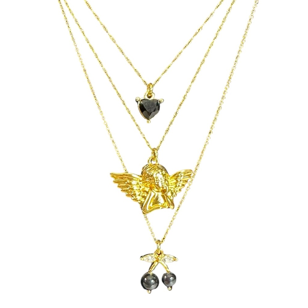 Free People Angels Only 14 K Gold Plated Layered Pendant Necklace / Black - Picture 3 of 5
